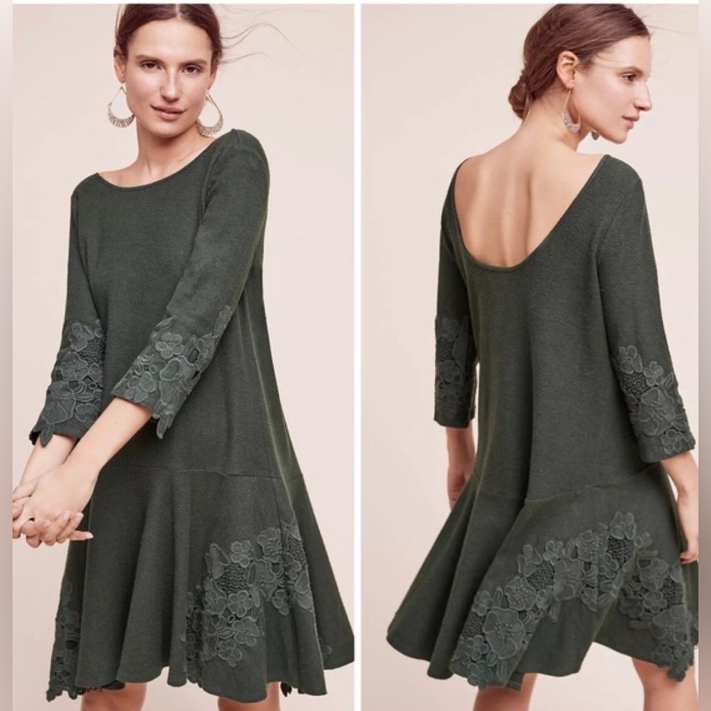 NWT! Anthropologie Maeve Tiera Lace Sweater Dress Dark Green Size Large